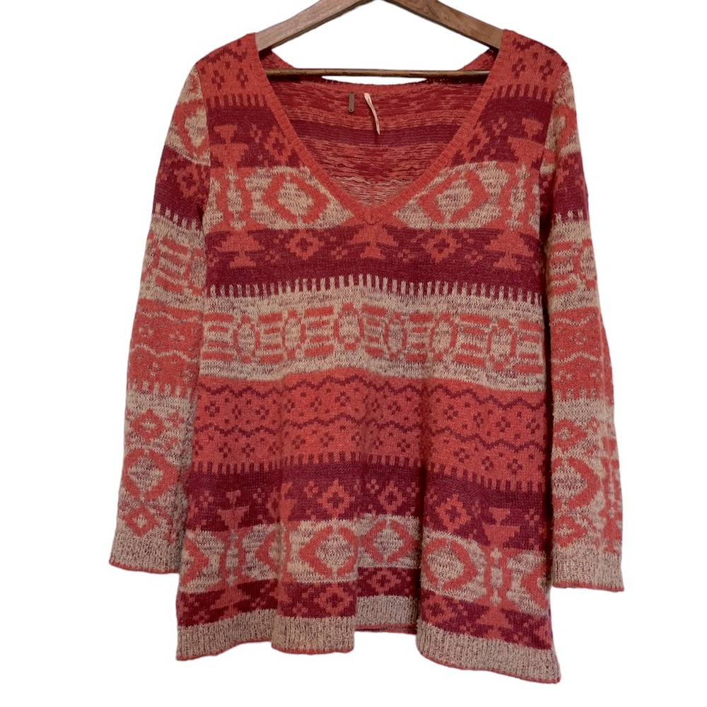Free People Alpaca Wool Blend V-neck Aztec Boho Sweater Sz XS